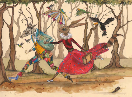 Una ilustración de renos y conejos en escenas antropomórficas