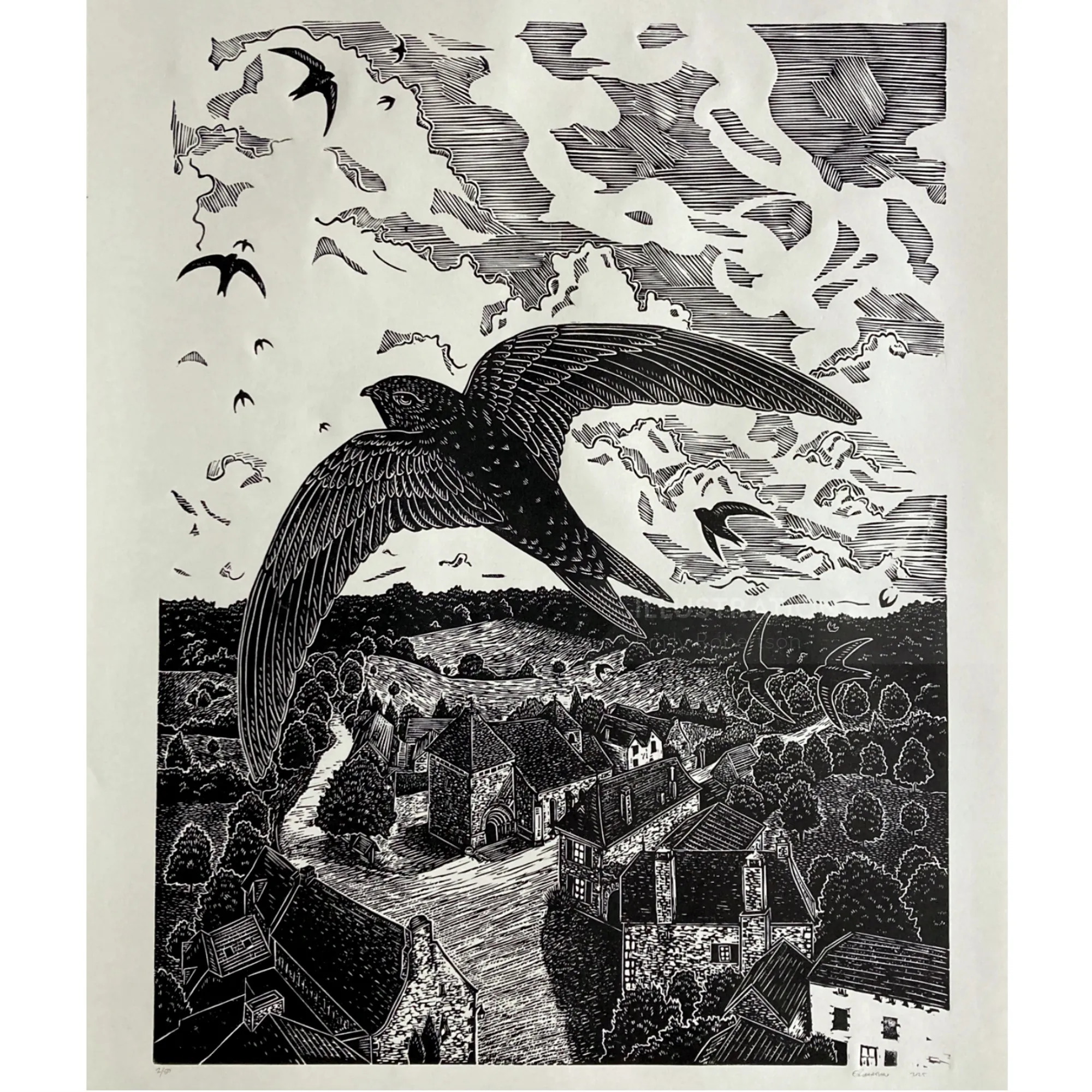 Narrative lino cut print of swifts over rooftops in France