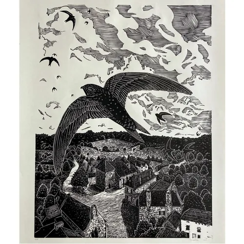 Narrative lino cut print of swifts over rooftops in France