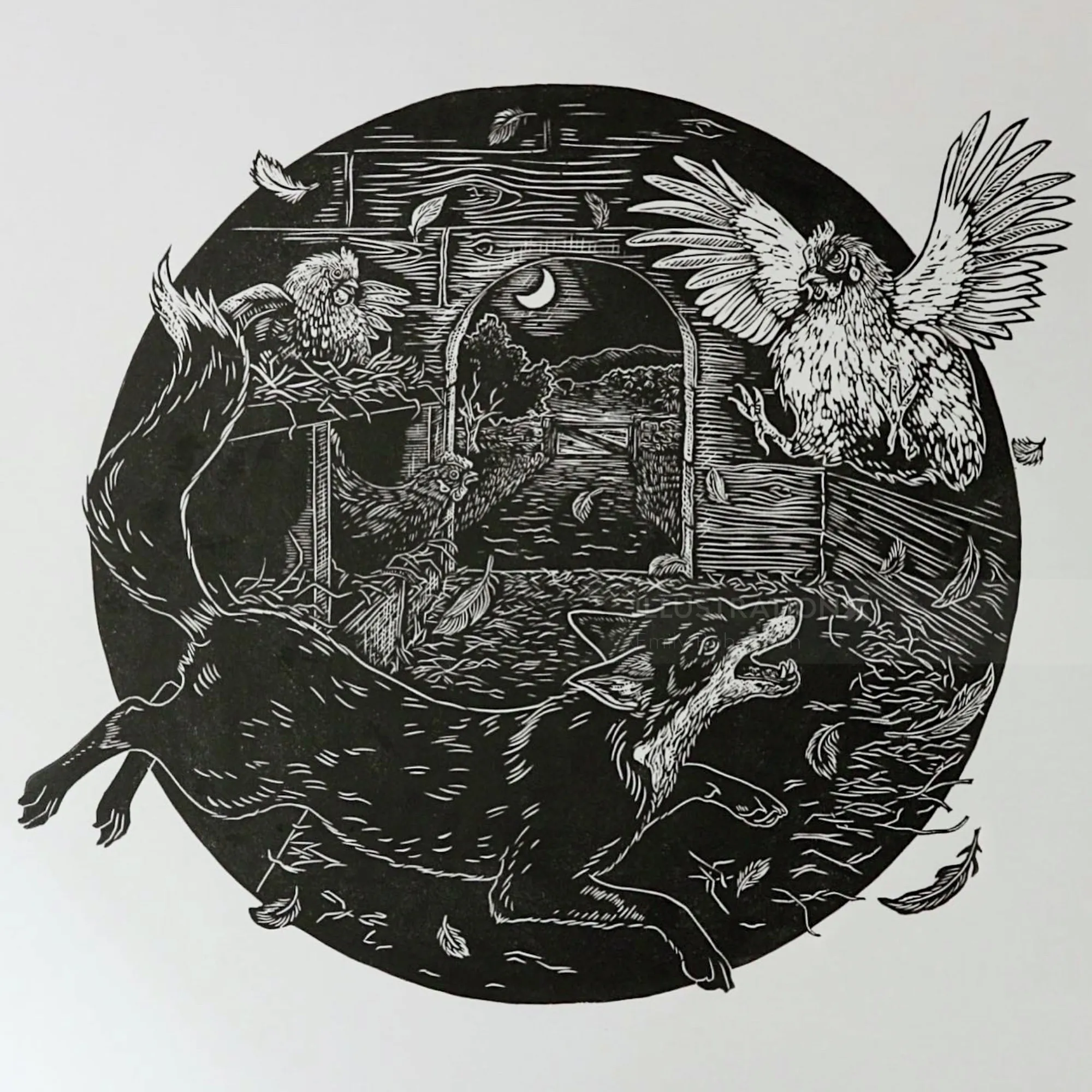 Narrative lino cut print showing a fox among chickens