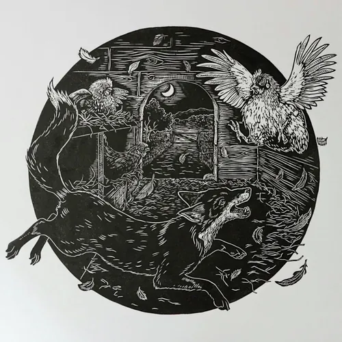Narrative lino cut print showing a fox among chickens