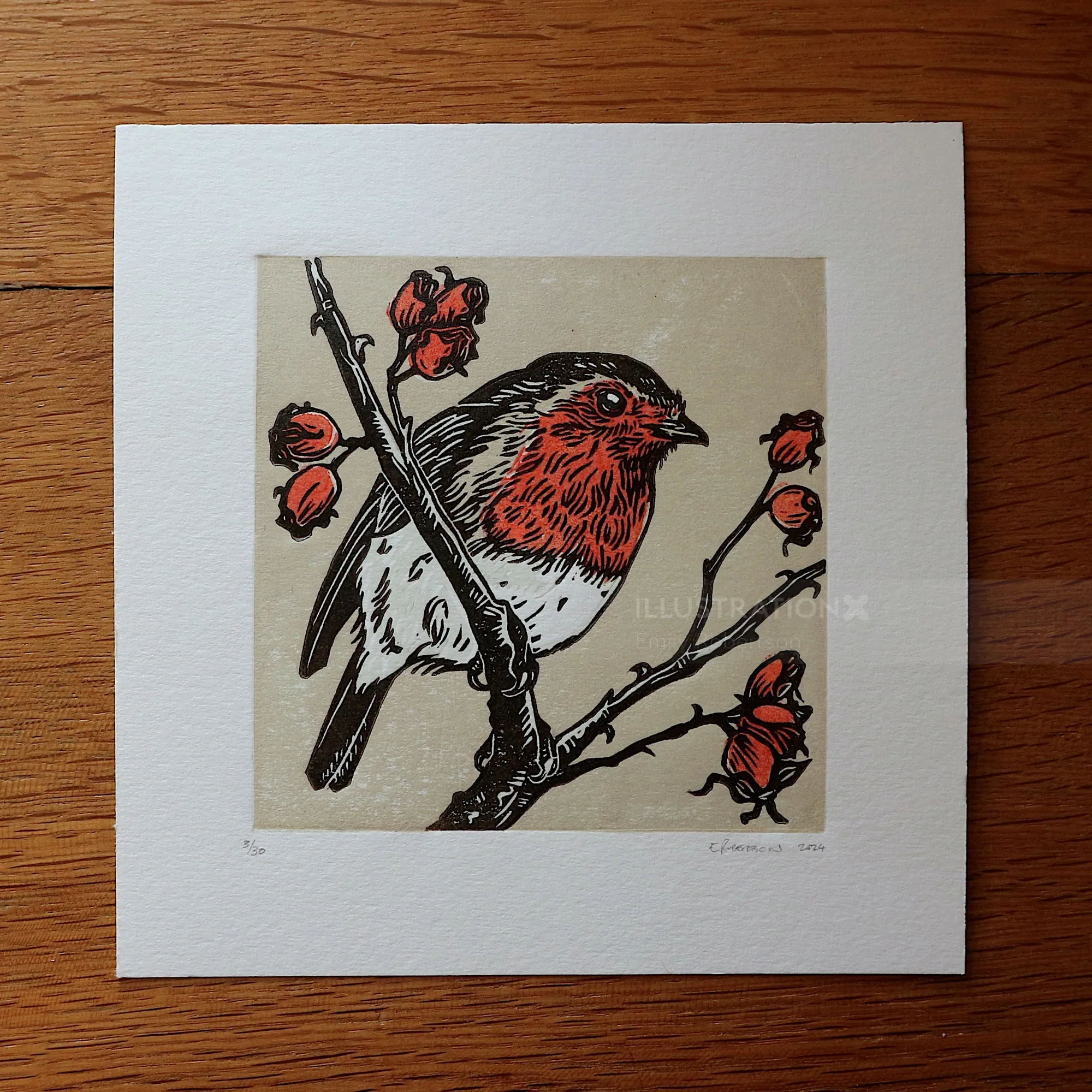 Hand-printed lino cut artwork of a robin and rose hips