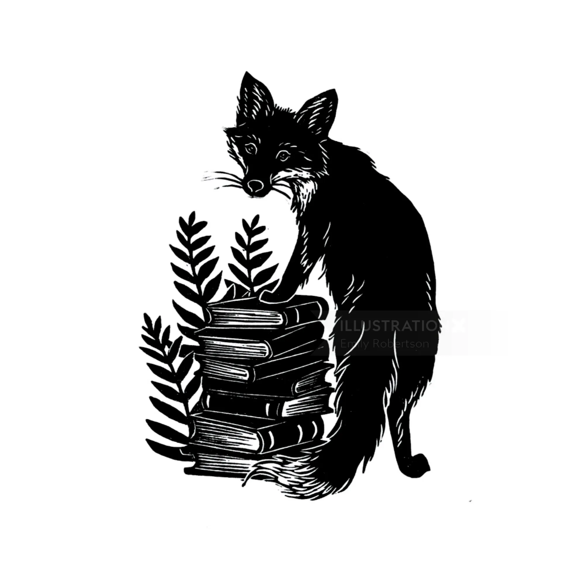 Black and white illustration of a fox standing on books by Emily Robertson