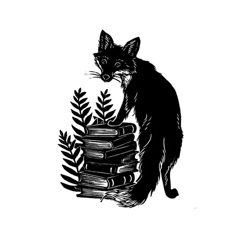 Black and white illustration of a fox standing on books by Emily Robertson