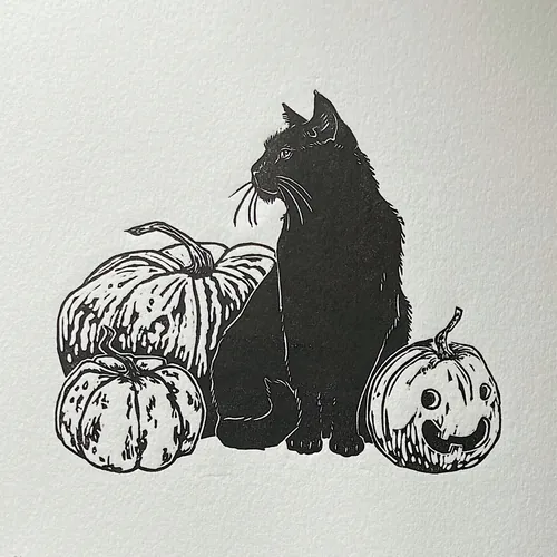Halloween illustration of black cat with pumpkins by Emily Robertson