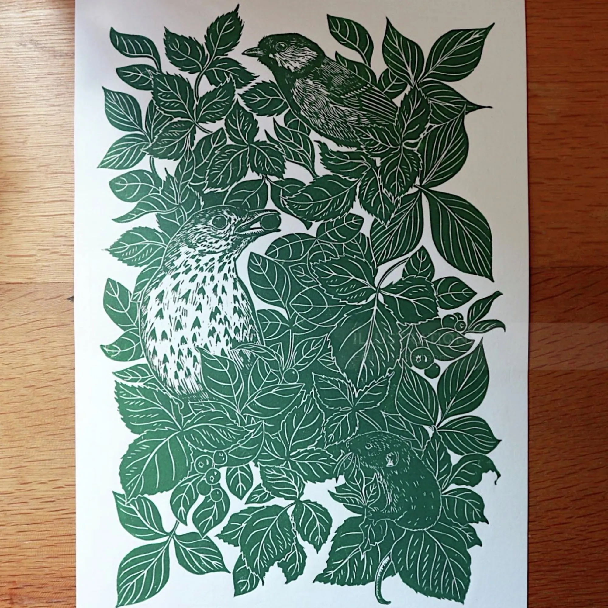 Lino cut of song thrush, great tit, and mouse in leafy hedgerow by Emily Robertson
