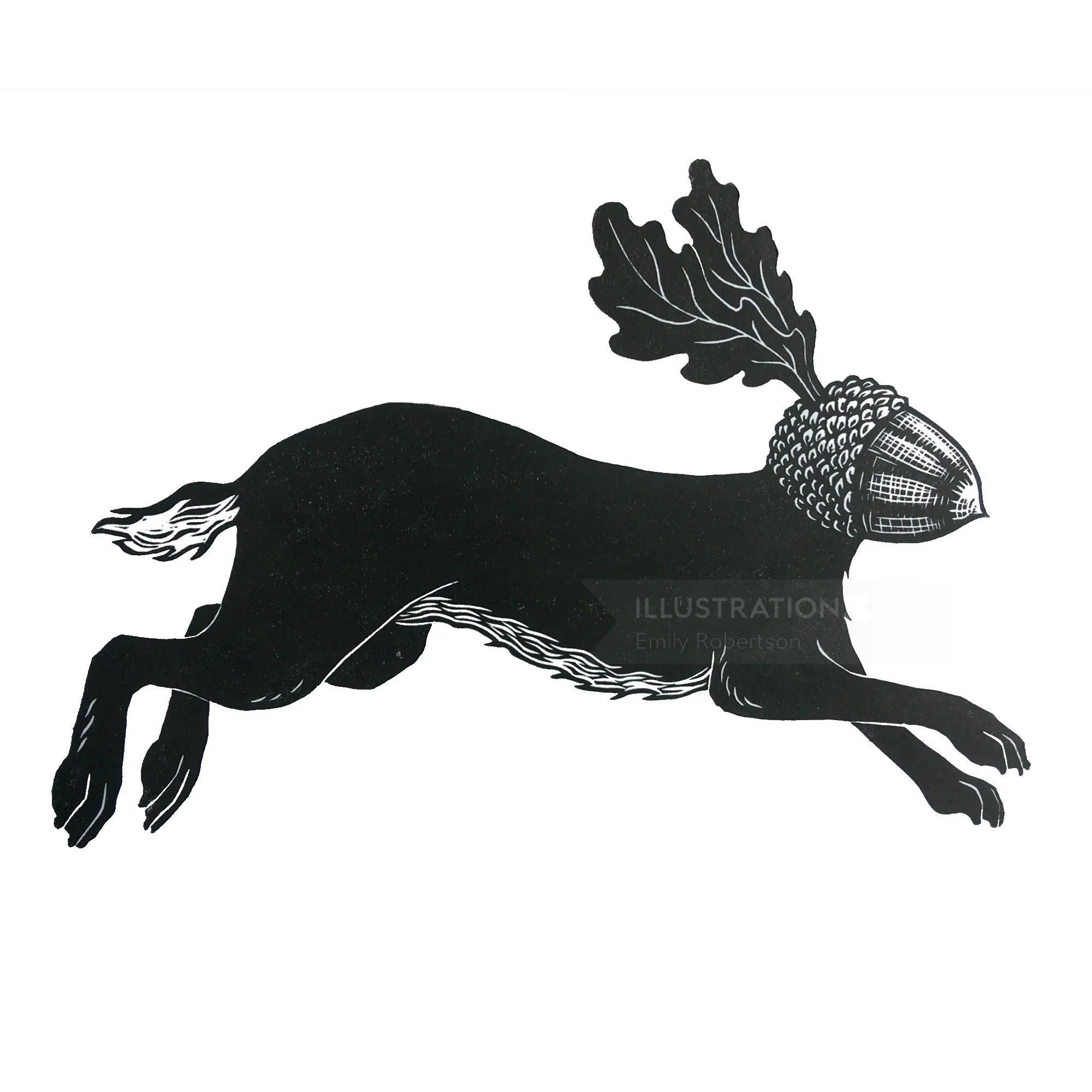 Lino cut of a hare with acorn head and oak leaf ears by Emily Robertson