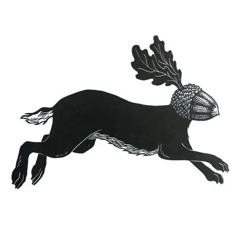 Lino cut of a hare with acorn head and oak leaf ears by Emily Robertson