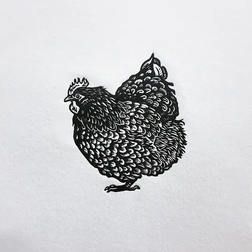 Playful fluffy chicken lino cut illustration