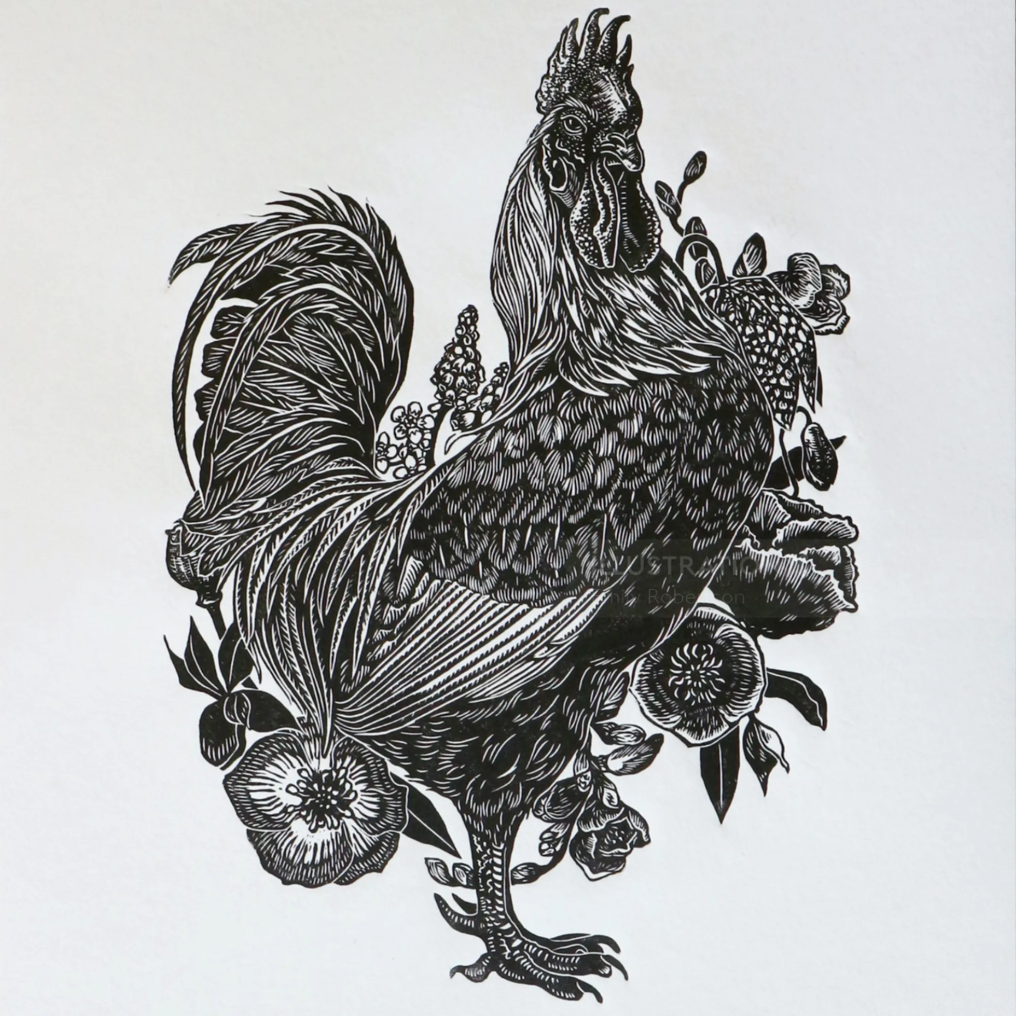Handcrafted lino-cut print of a rooster with flowers