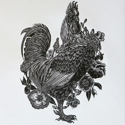 Handcrafted lino-cut print of a rooster with flowers