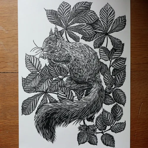 Lino cut of squirrel on hazel and chestnut branches by Emily Robertson