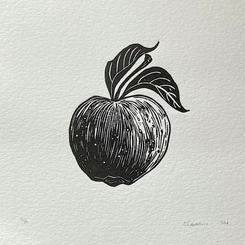 Black and white lino cut of an apple by Emily Robertson