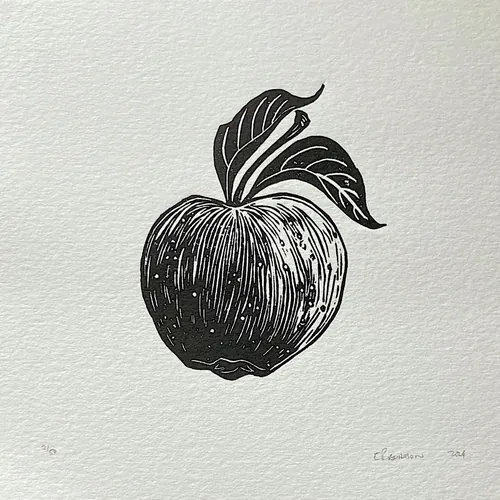 Black and white lino cut of an apple by Emily Robertson