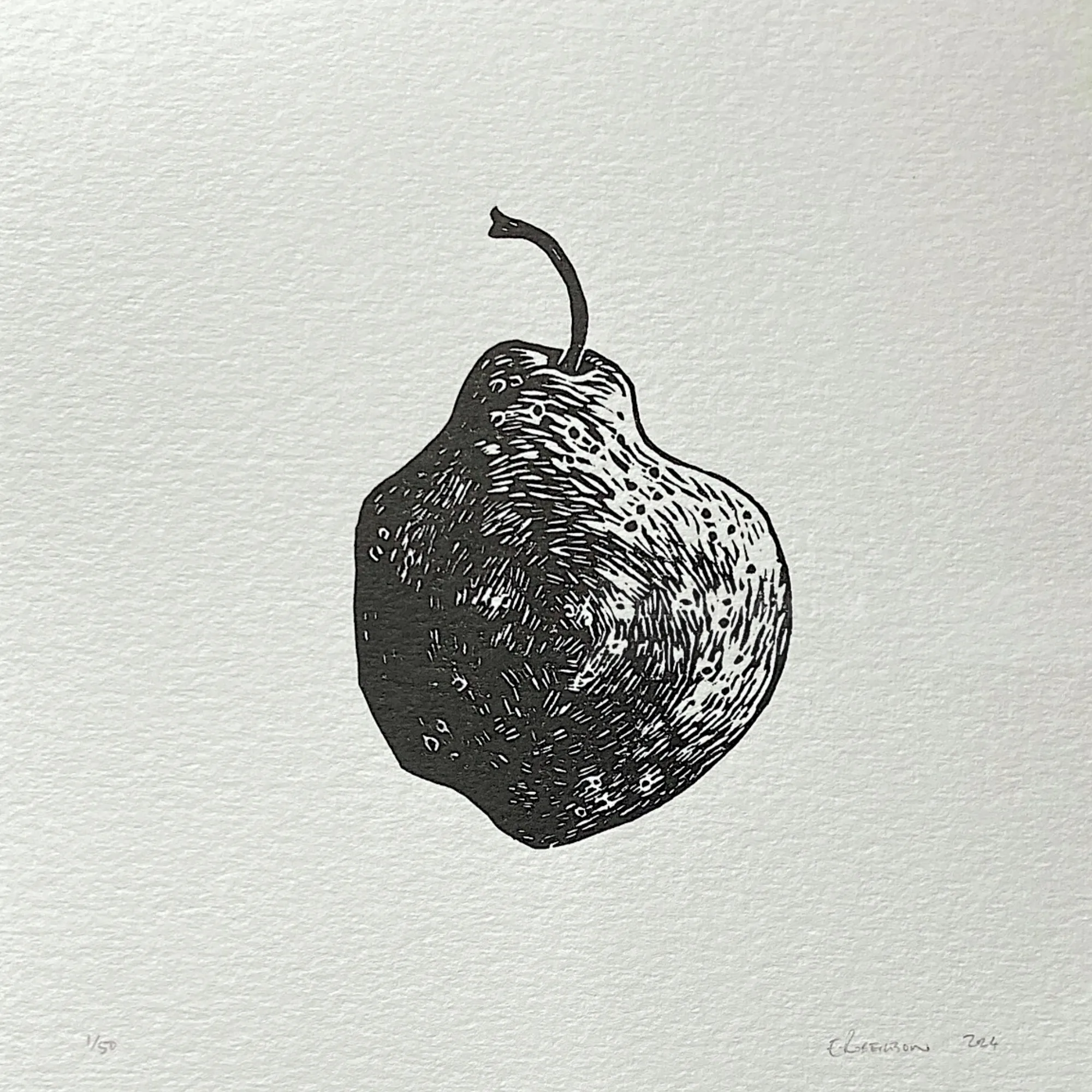 Pear lino cut artwork by Emily Robertson