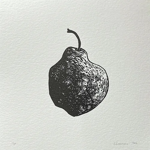 Pear lino cut artwork by Emily Robertson