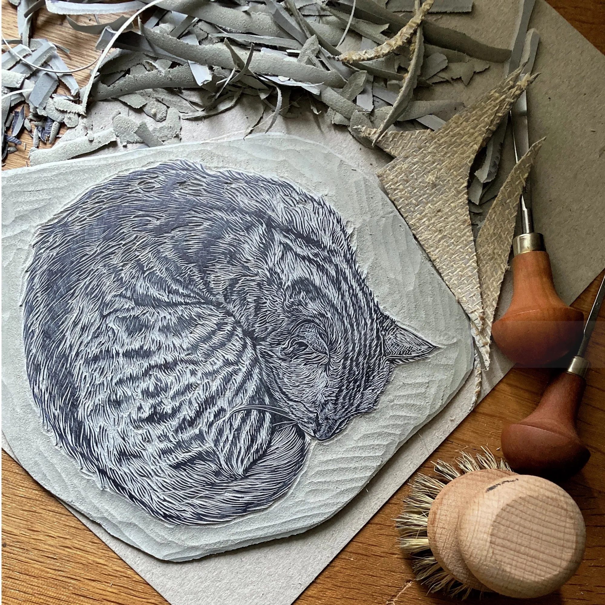 Lino block print of sleeping cat with carving tools by Emily Robertson