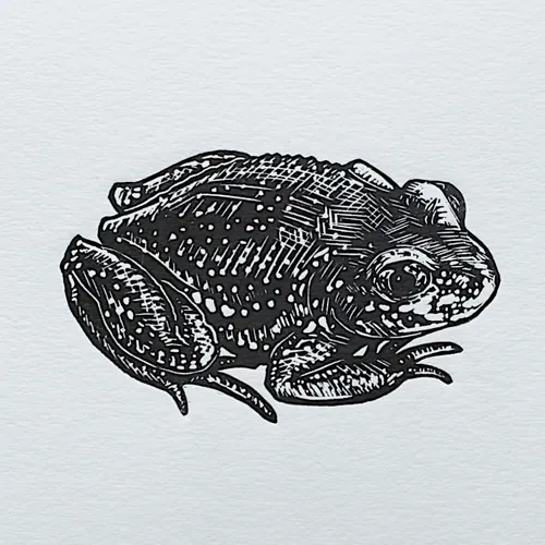 Black and white lino cut print of a toad by Emily Robertson