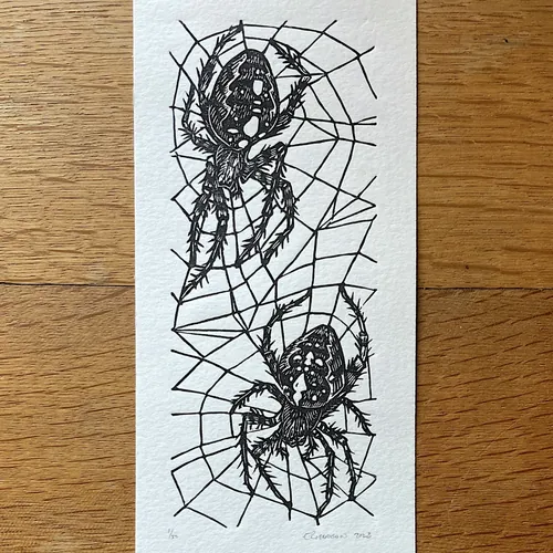 Two spiders woven in a web lino cut print by Emily Robertson
