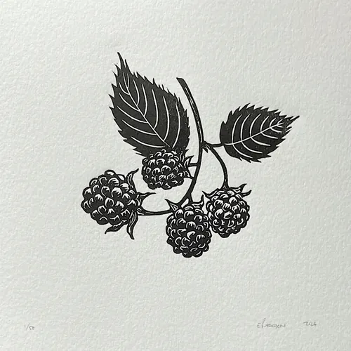 Blackberries lino cut print of berries and leaves by Emily Robertson