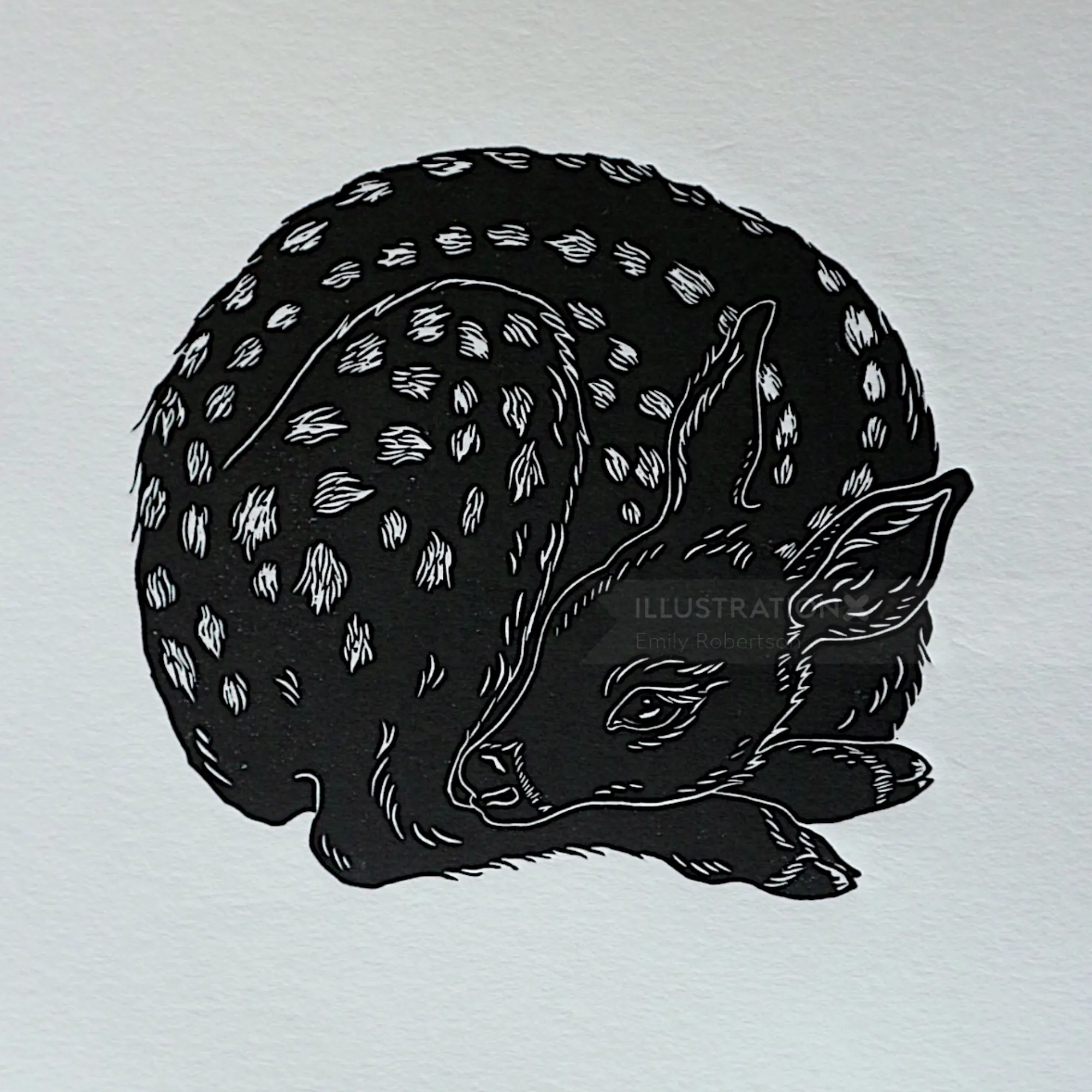 Sleeping fawn linocut print by Emily Robertson