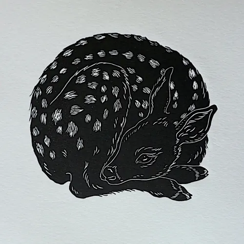 Sleeping fawn linocut print by Emily Robertson