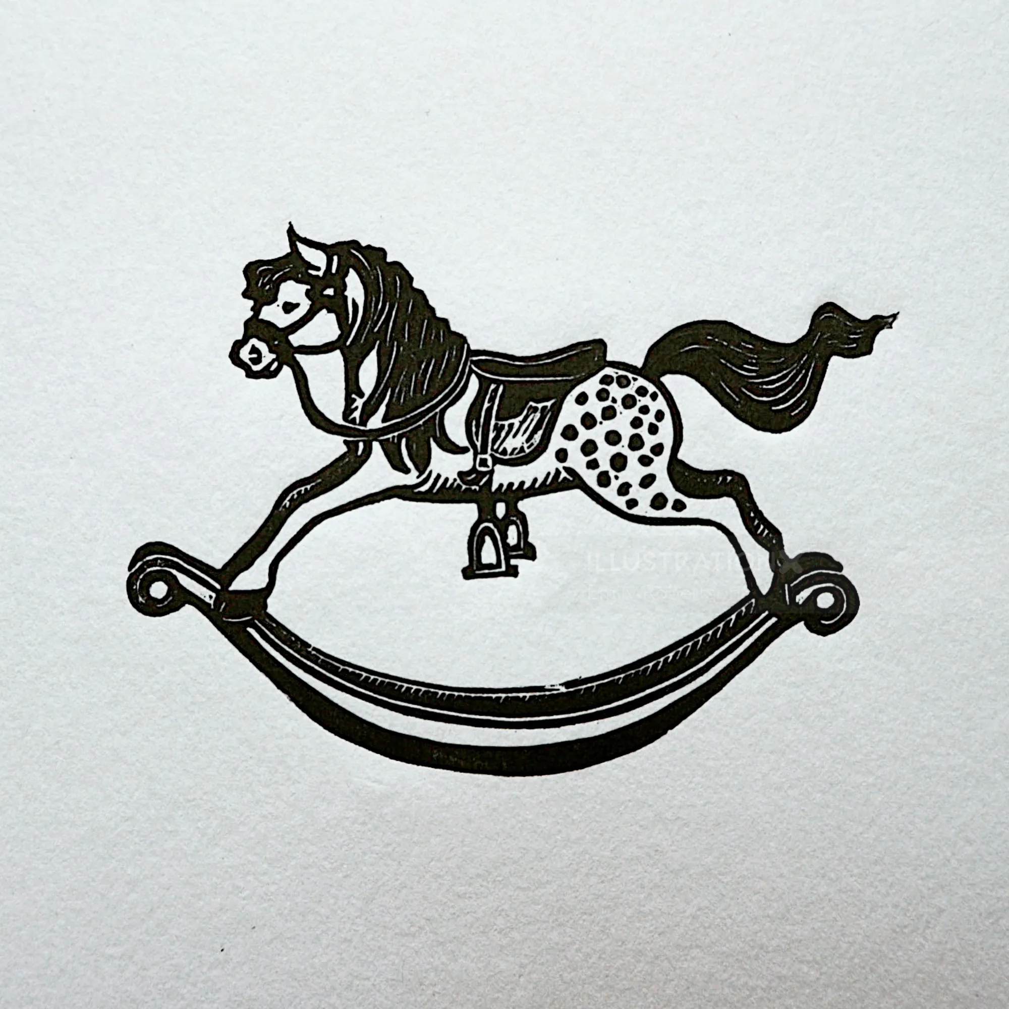 Lino cut print of a rocking horse by Emily Robertson