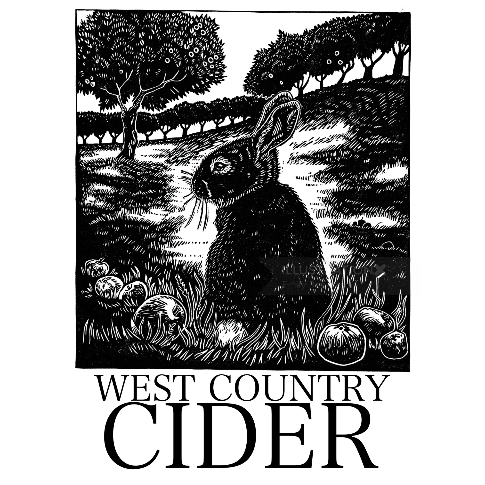 Black and white cider label with a rabbit in an apple orchard by Emily Robertson