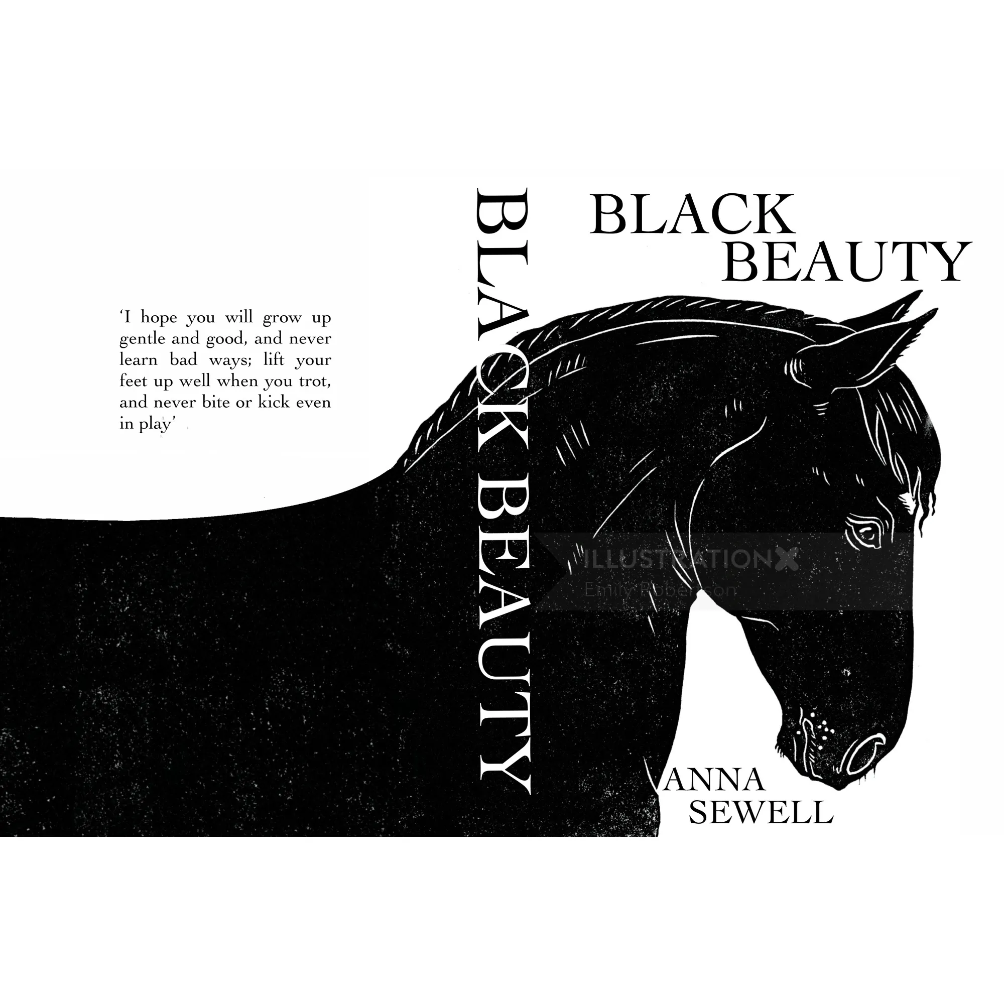 Black silhouette of a horse head with Black Beauty book title by Emily Robertson