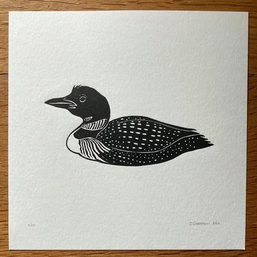 Black and white lino cut print of a loon bird by Emily Robertson