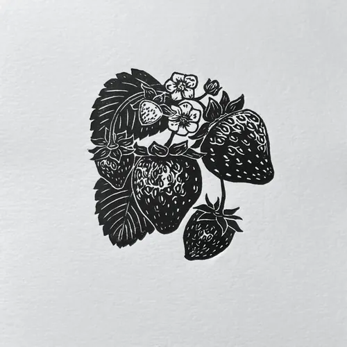 Black and white lino cut print of strawberries and flowers by Emily Robertson