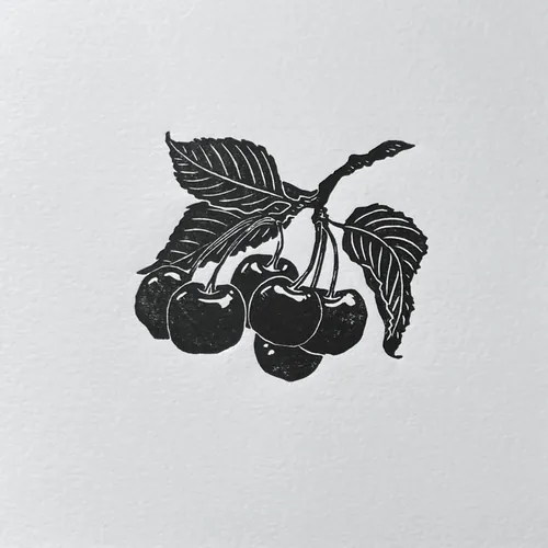 Lino cut print of a cherry sprig with leaves by Emily Robertson