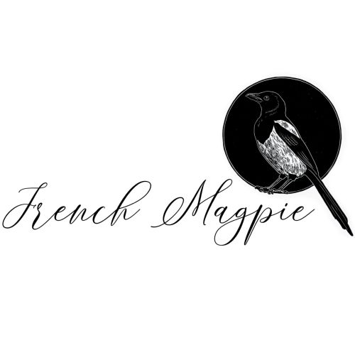 French Magpie logo featuring a black bird illustration in a circle by Emily Robertson