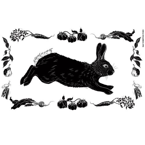 Black rabbit surrounded by vegetables on tea towel by Emily Robertson