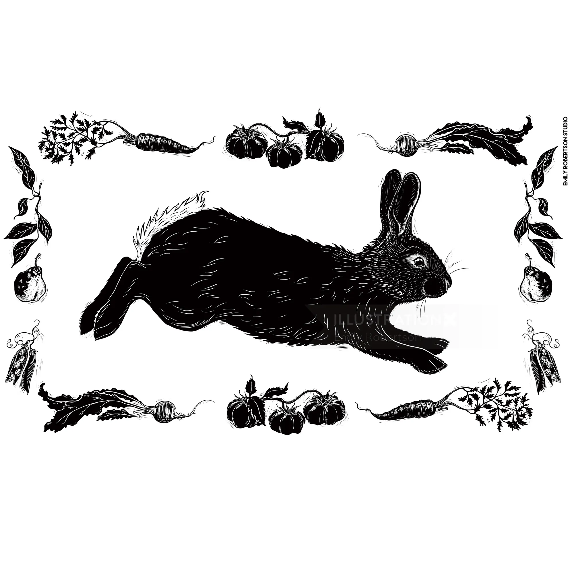Black rabbit surrounded by vegetables on tea towel by Emily Robertson