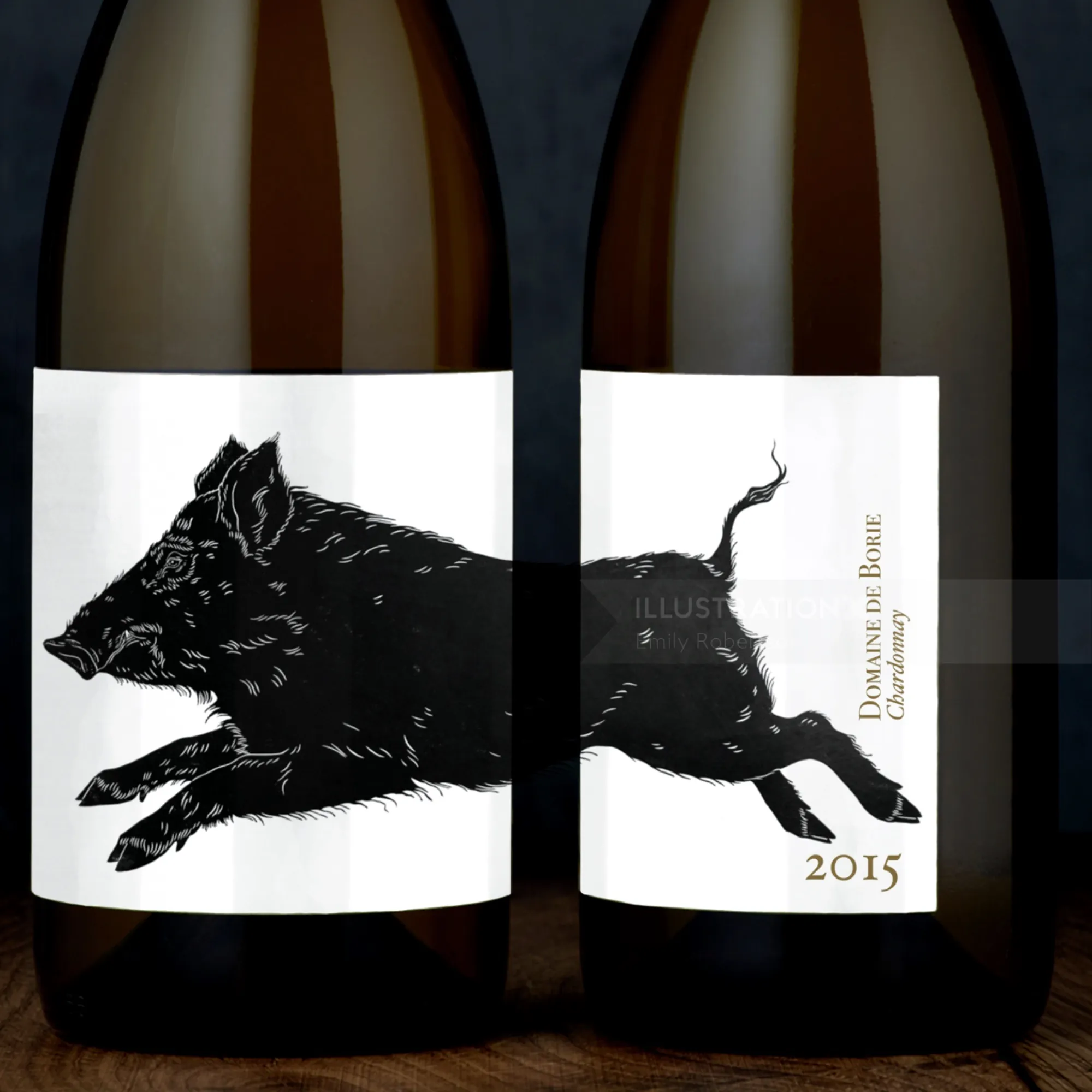 Wine bottle label with lino cut print of a leaping boar by Emily Robertson