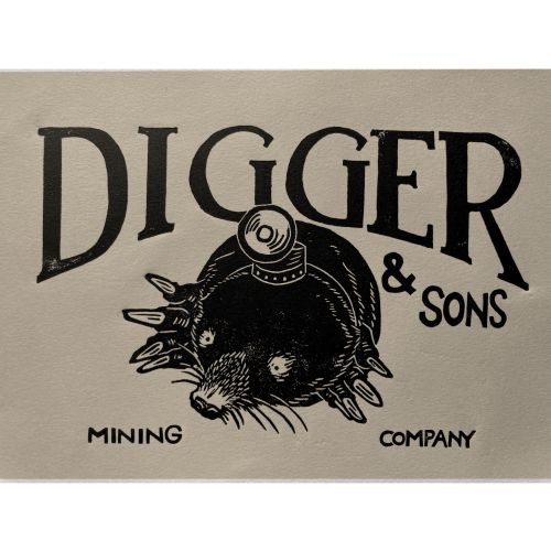 Emily Robertson lino print of a mole mining logo for Digger & Sons