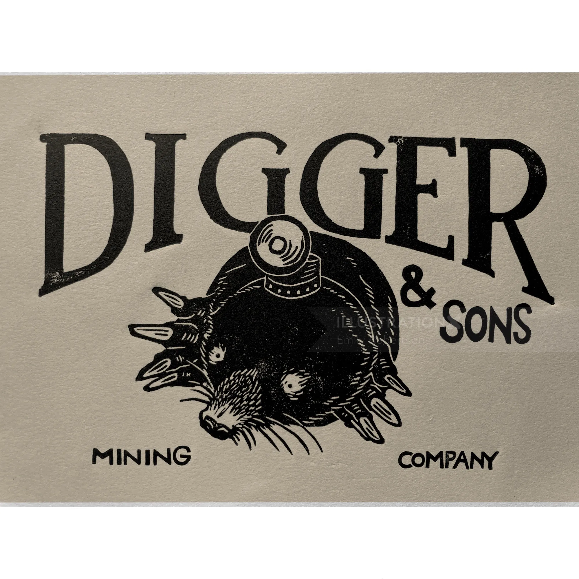 Gravura em linóleo de Emily Robertson representando o logotipo de uma mineradora para a Digger & Sons.