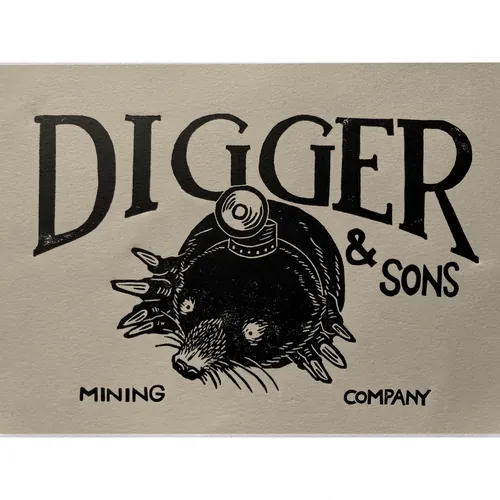 Gravura em linóleo de Emily Robertson representando o logotipo de uma mineradora para a Digger & Sons.