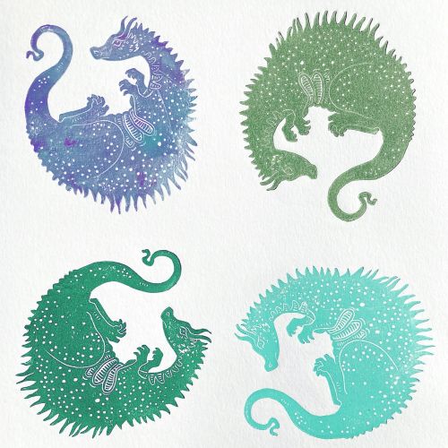 Emily Robertson's four coloured dragon linocut prints