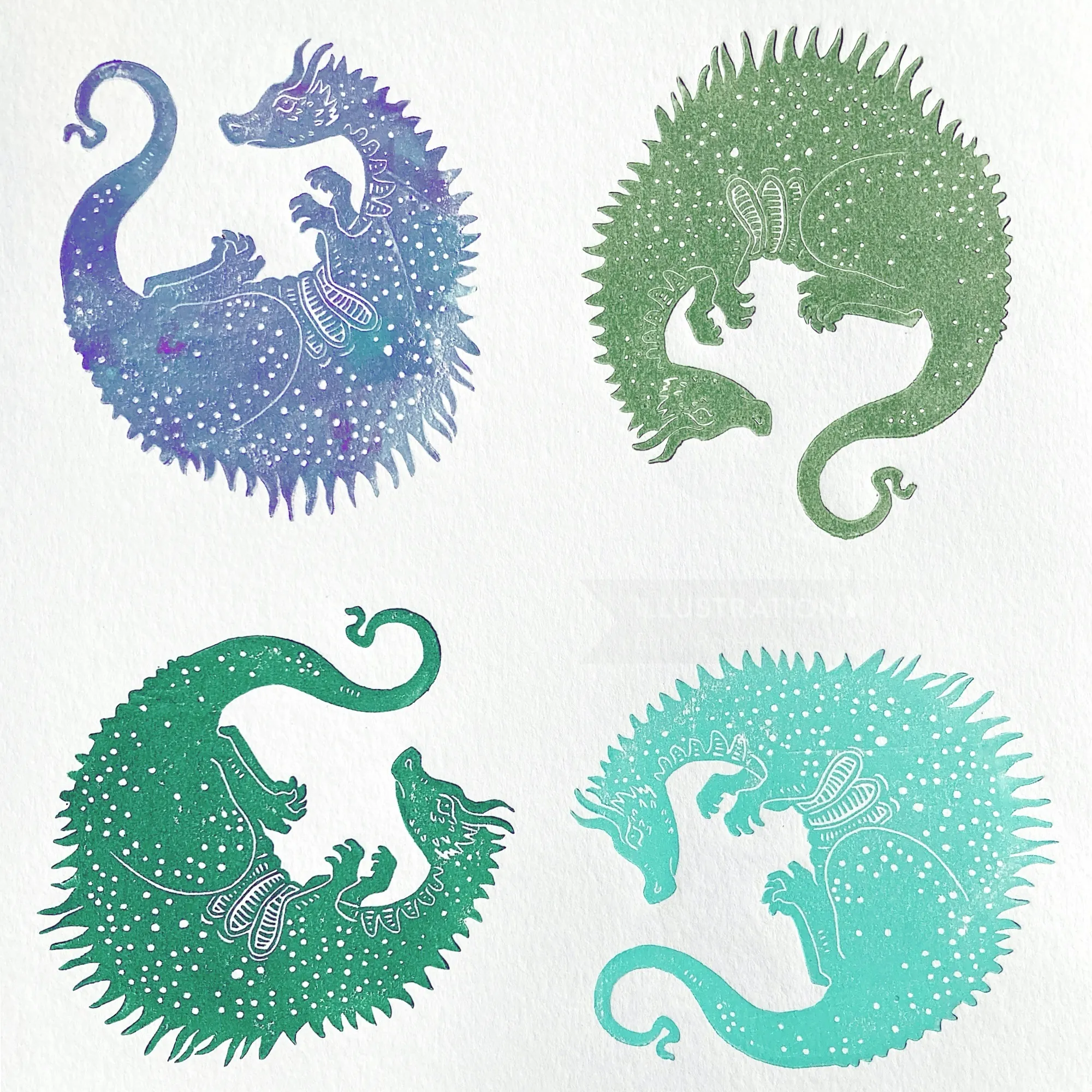 Emily Robertsons vierfarbige Drachen-Linolschnitte