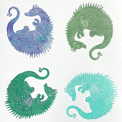 Cuatro grabados en linóleo de dragones a color de Emily Robertson