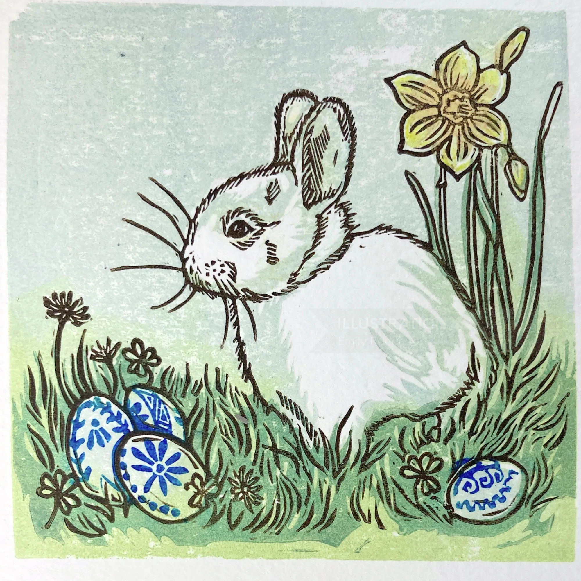 Linolschnitt eines Osterhasen mit verzierten Eiern und Narzissen von Emily Robertson