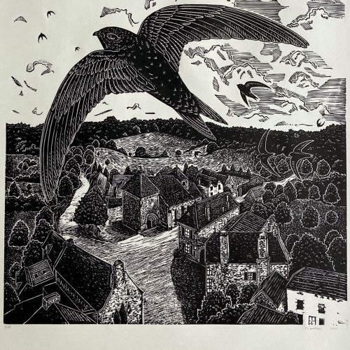 Emily Robertson linocut print of swifts flying over a village