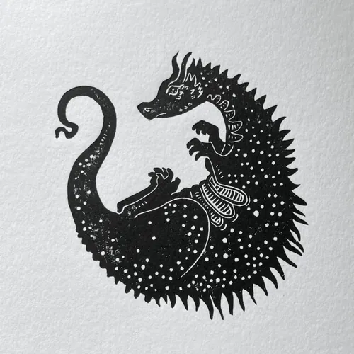 Curled dragon linocut by Emily Robertson
