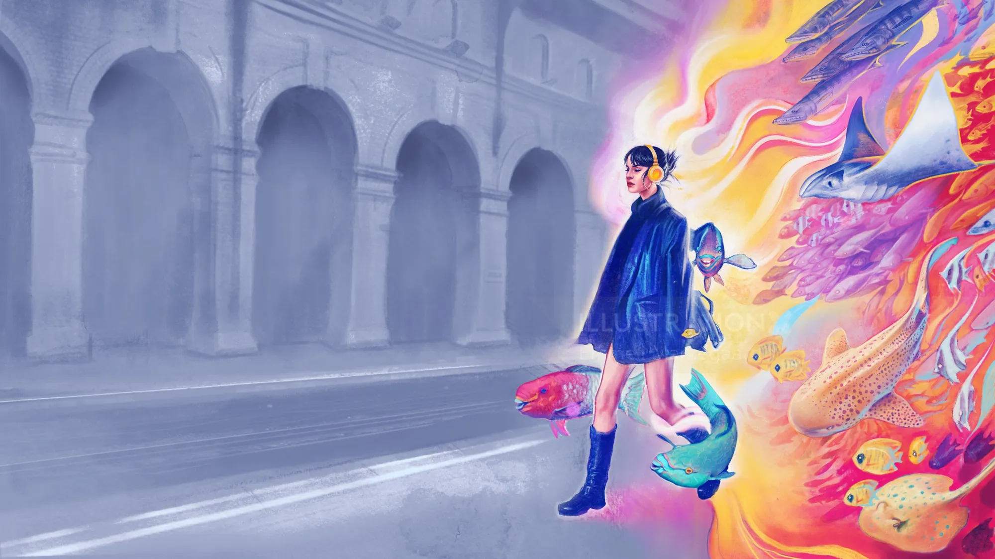 埃梅利·马克加德创作的超现实主义插画，描绘了一个女孩和色彩斑斓的海洋动物。