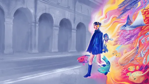 埃梅利·马克加德创作的超现实主义插画，描绘了一个女孩和色彩斑斓的海洋动物。