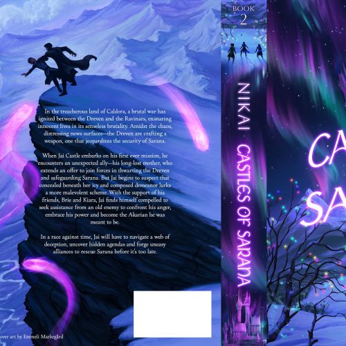 Young adult fantasy book cover with northern lights and castle, by Emmeli Markegård