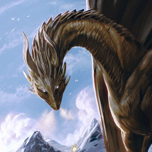 Dragon and cloaked traveller in snowy mountains by Emmeli Markegård