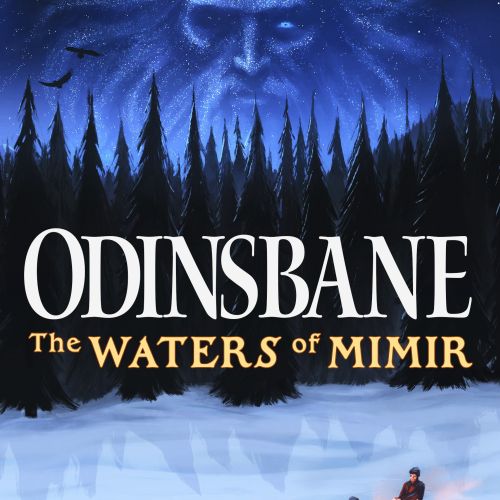 Winter forest scene with Norse god face in sky, people by fire, by Emmeli Markegård